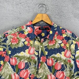 Nautica Adult‎ Mens Linen Blend Hawaiian Shirt XL Blue Multi Floral Button Up